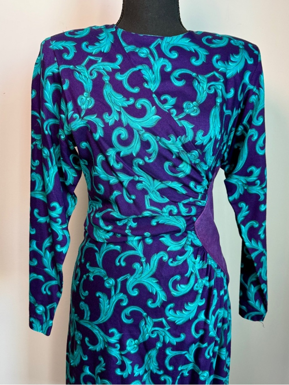 Patty O’Neil VTG 80s Purple Teal Baroque Print Rayon Dress w/ Suede Trim | Sz 6 - Picture 2 of 12